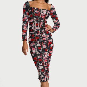 NWT Atelier Victoria's Secret Noir Floral Shirred Mesh Lace-Up Midi Dress XS